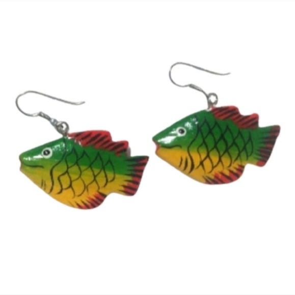 Vintage Jewelry - Vintage Hand Painted Unique Fish Pierced Earrings Green Size OS
